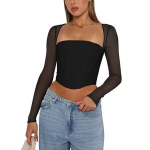 3982 Fall Sexy Trendy Mesh Long Sleeve Boned Square Neck Crop Tops Corset